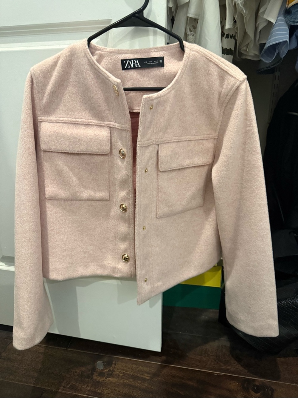 Zara Light Pink Cropped Jacket with Gold Buttons